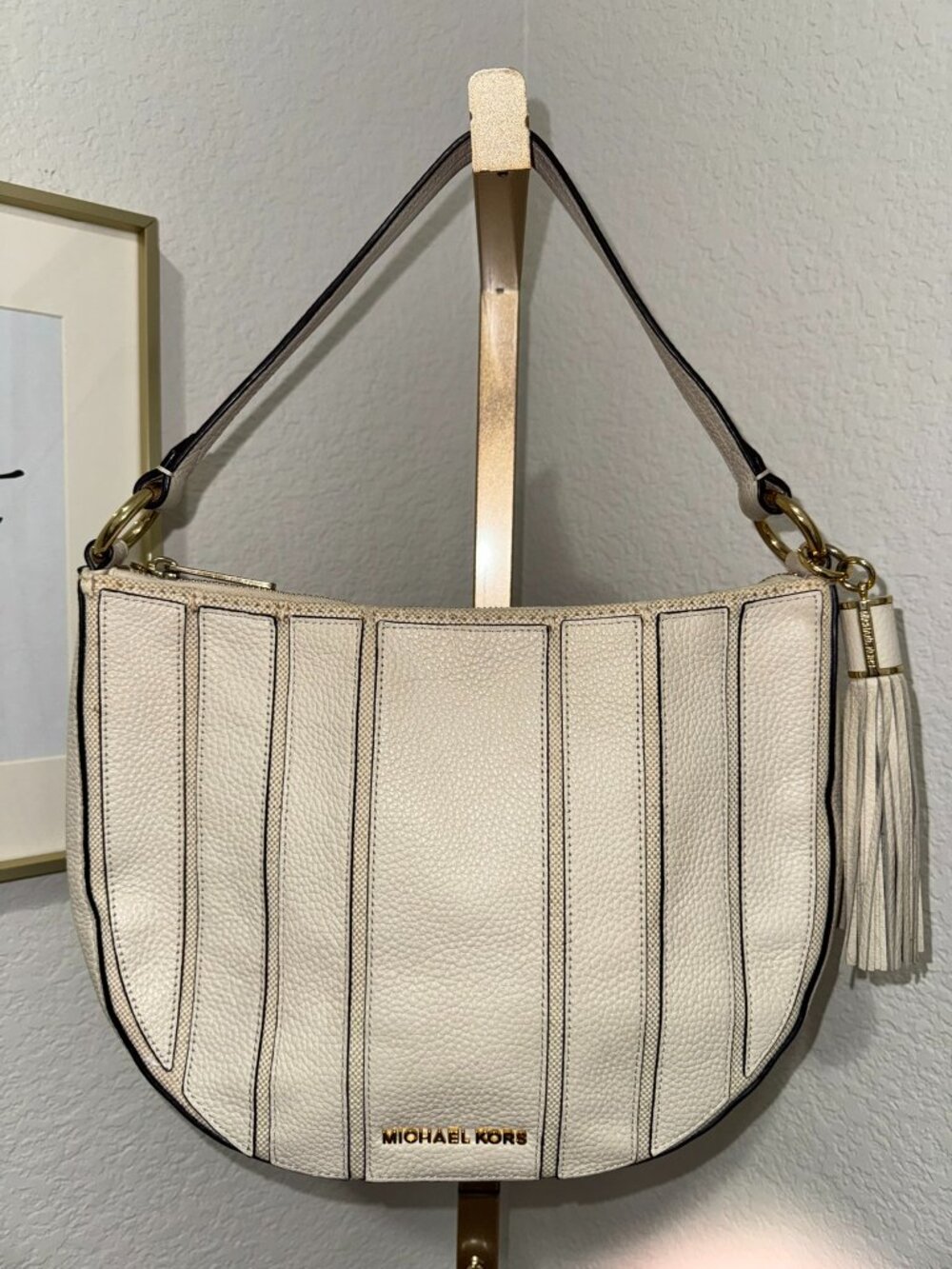 Michael Kors Cream Pebbled Leather Hobo Crossbody Bag with Tassel Charm